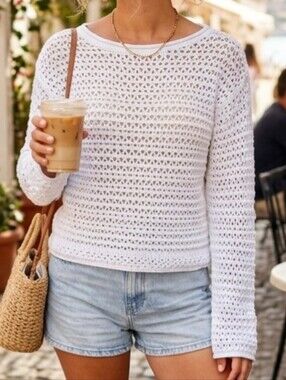 White + Warren White Open Crochet Knit Long Sleeve Top Size XS
